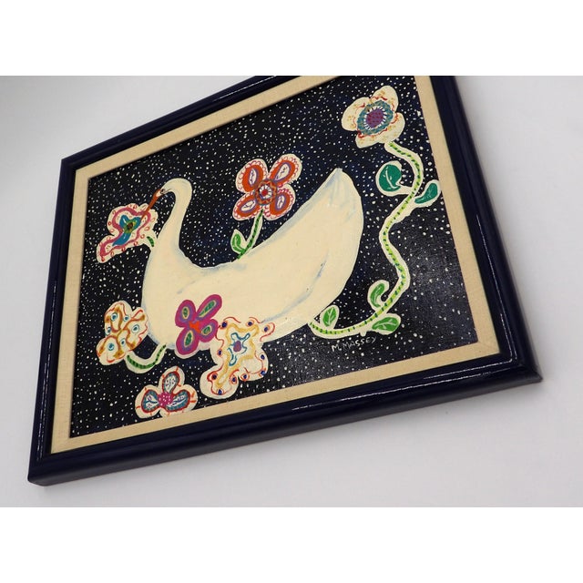 Royal Blue Framed Acrylic Painting Abstract Goose/Swan With Flowers Signed For Sale - Image 8 of 10