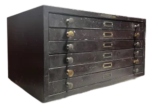 Antique Metal Six Drawer Watchmaker’s Cabinet or Storage Drawers | E & J Swigart Co + Fancy Crystals B & B