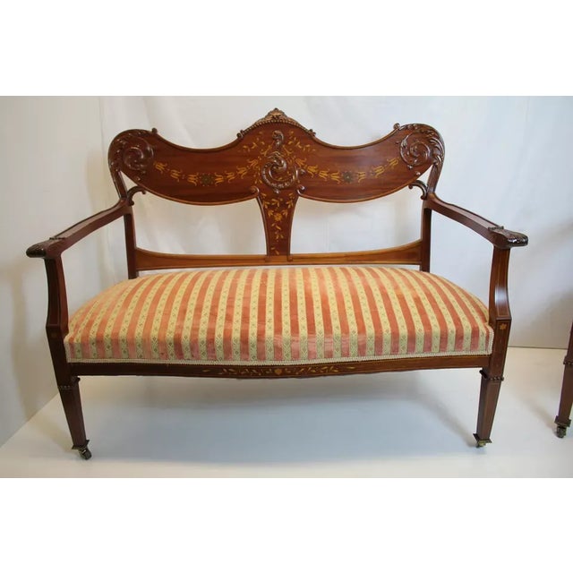 Very beautiful English Edwardian Inlaid Settee and matching chair, Circa 19th, each with elaborate inlaid back rest...