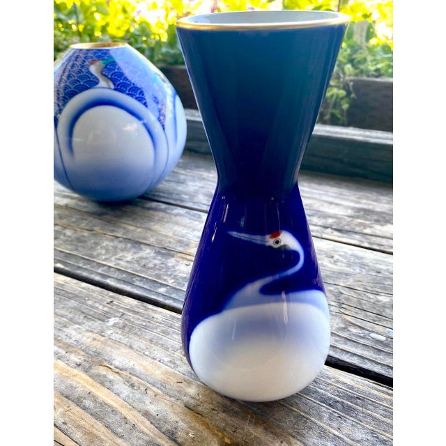 Art Deco Late 20th Century Attributed Koransha Arita Japanese Cobalt Blue Crane Porcelain Vase For Sale - Image 3 of 9