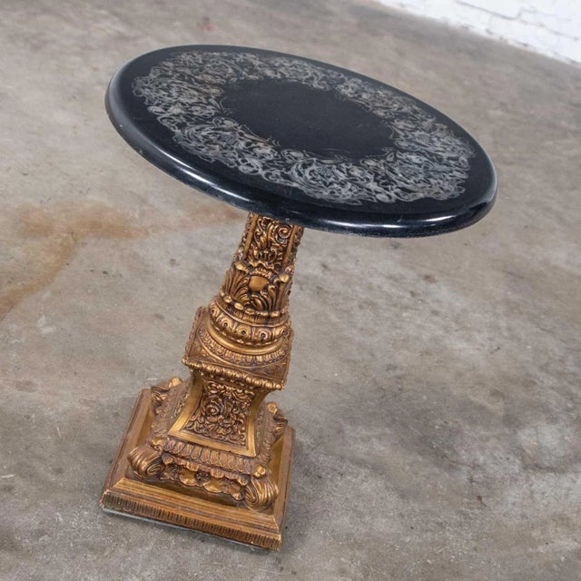 Sculpture Materials Neoclassic Hollywood RegencyPedestal Side Table Round Gilded Plaster & Black Composit Top For Sale - Image 7 of 13