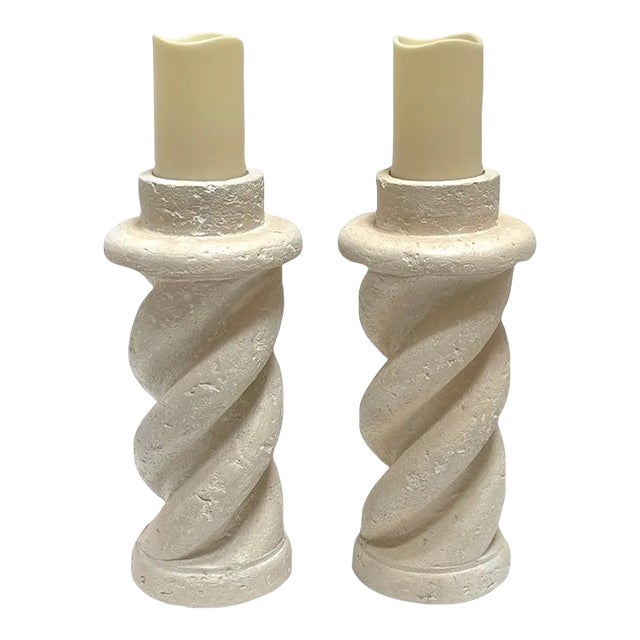 Late 20th Century Cast Plaster 'Coquina Stone' Spiral Candlesticks - a Pair For Sale