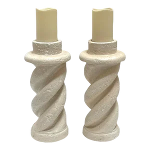 Late 20th Century Cast Plaster 'Coquina Stone' Spiral Candlesticks - a Pair
