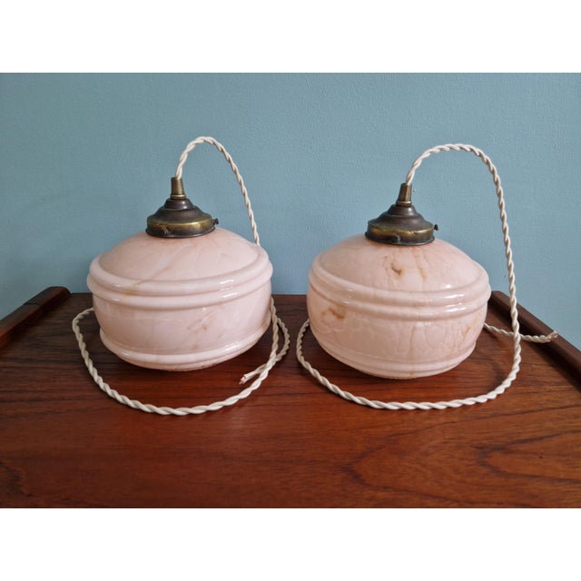 Art Deco Pendant Lights in Pink Marbled Opaline Glass, 1930s, Set of 2 For Sale - Image 14 of 15