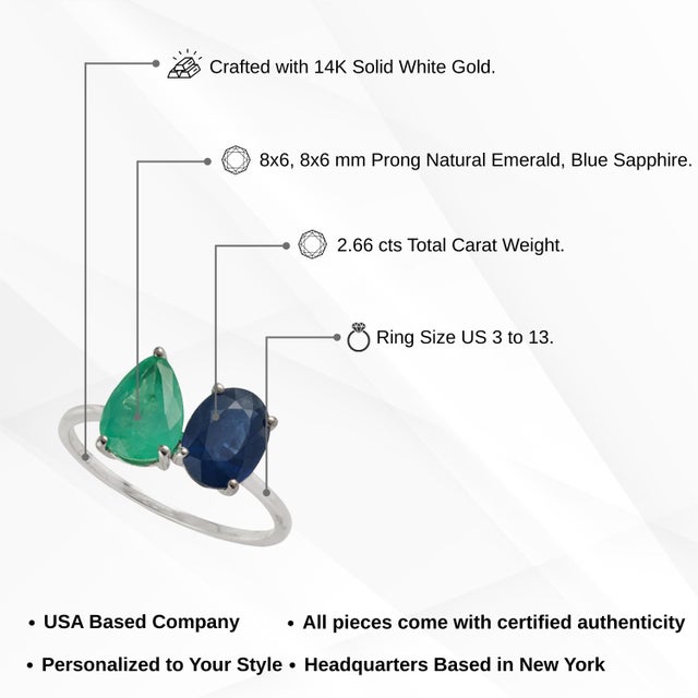 Contemporary 2.66ct Emerald & Blue Sapphire Toi Et Moi Ring in 14k Gold Size 6 For Sale - Image 10 of 16