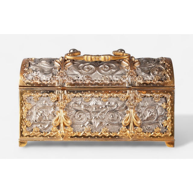 1900s Jugendstil Golden and Silver Brass Jewelry Casket With Blue Velvet-Lined Interior by Erhard & Söhne, Germany For Sale - Image 6 of 12