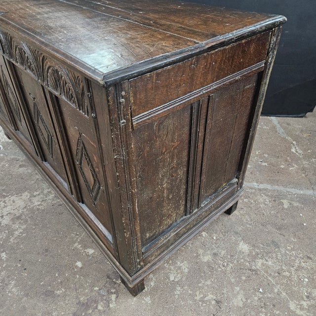 Late 18th Century English Period Oak Carved and Paneled Trunk For Sale - Image 9 of 18