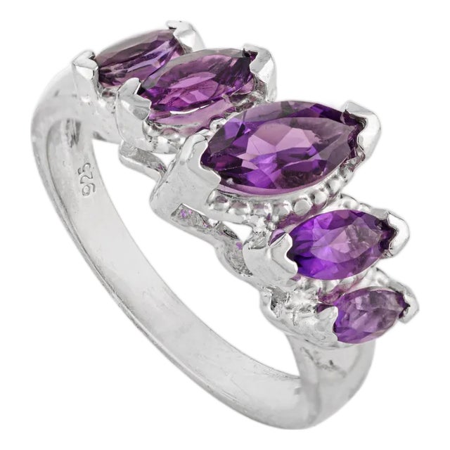 Lustrous Five-Stone Marquise Amethyst Sterling Silver Ring - Size 8 For Sale