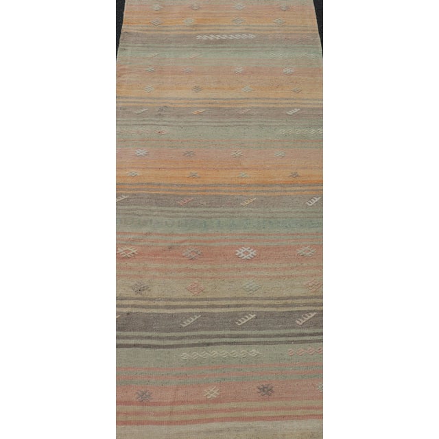 Tan Mid 20th Century Vintage Turkish Kilim Runner With Stripes in Multi Soft Colors For Sale - Image 8 of 12