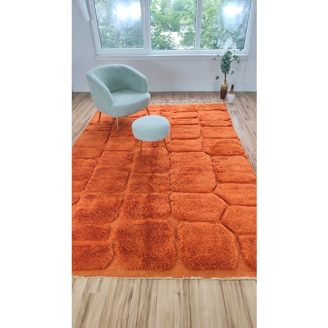 Terracotta Orange Carved Wool Moroccan Beni Mrirt Rug For Sale - Image 11 of 15