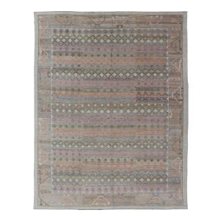 Tribal Turkish Oushak Rug With Geometric Motifs in Soft Pastel and Olive Green For Sale