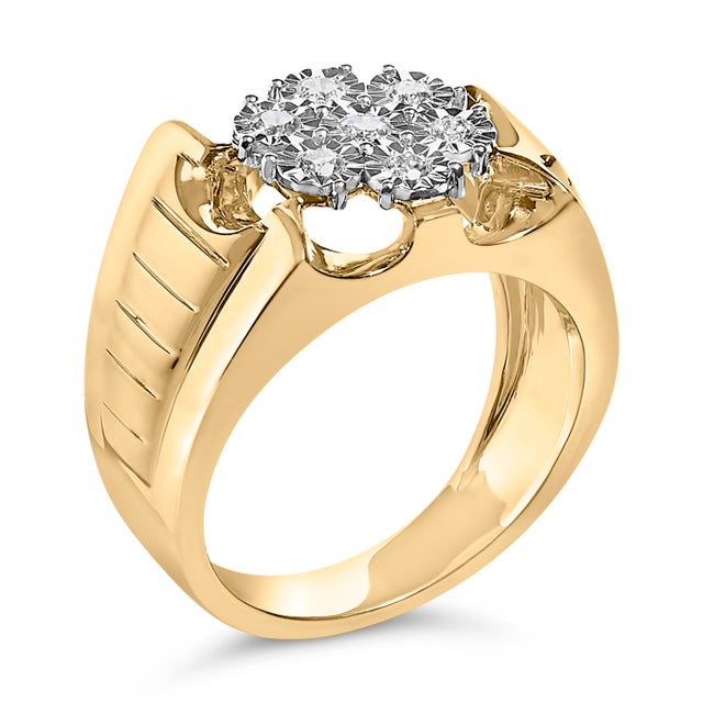 Contemporary 14K Yellow Gold Plated .925 Sterling Silver 1/3 Cttw Miracle-Set Floral Diamond Cluster Ring (I-J Color, I1-I2 Clarity) - Size 12 For Sale - Image 3 of 6