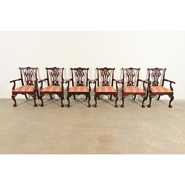 English Kindel Furniture Chippendale Carved Mahogany Dining Arm Chairs, Set of Six For Sale - Image 3 of 12