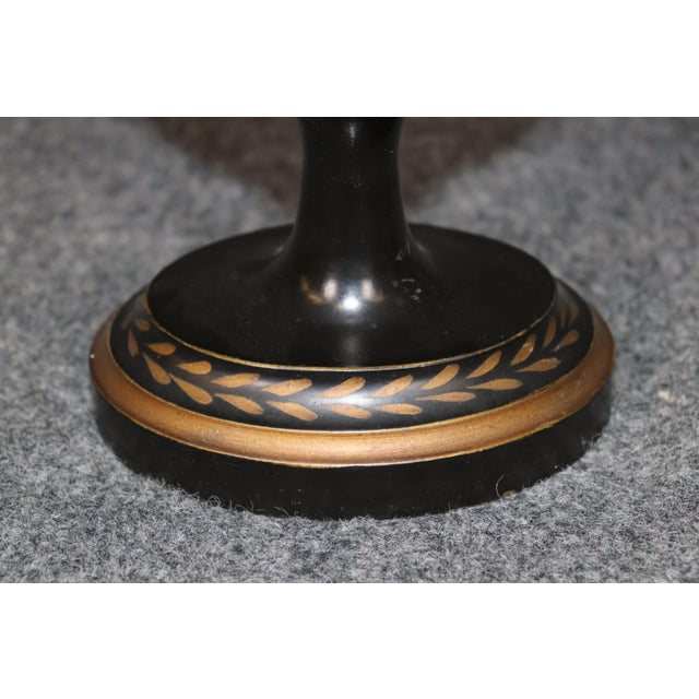 Pair English Style Tole Painted Metal Small Brass Mounted Urns For Sale - Image 11 of 13