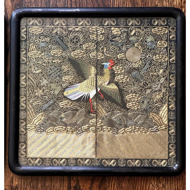 Textile Pair Framed Superb Chinese Qing Dynasty Embroidered Peacock Third Rank Badge For Sale - Image 7 of 12