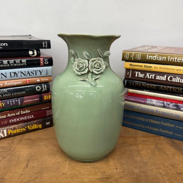 Green Vase with Botanical Theme Handles & Scalloped Top For Sale In New York - Image 6 of 10