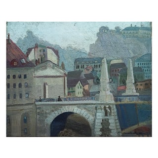 Marcel Ducret, Landscape at the Bridge, 1950s, Oil & Wood For Sale