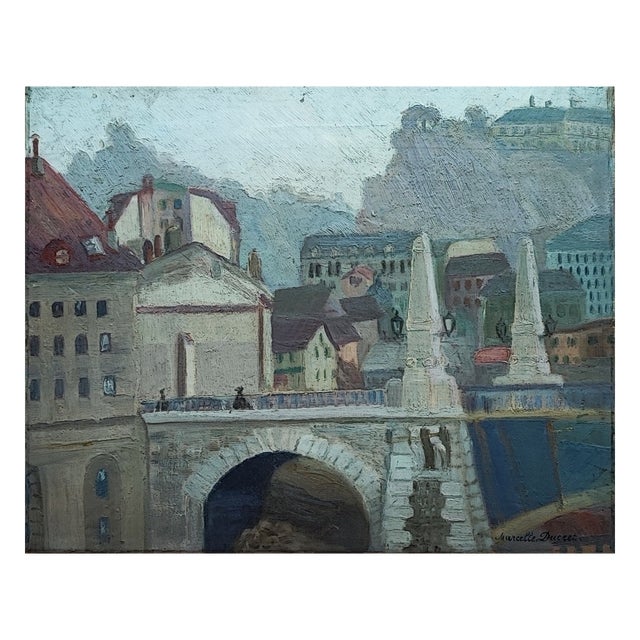 Marcel Ducret, Landscape at the Bridge, 1950s, Oil & Wood For Sale