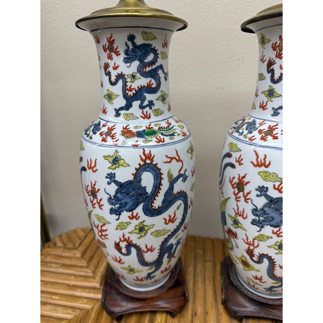 Wood Vintage 1970s Colorful Dragon Lamps, a Pair For Sale - Image 7 of 9