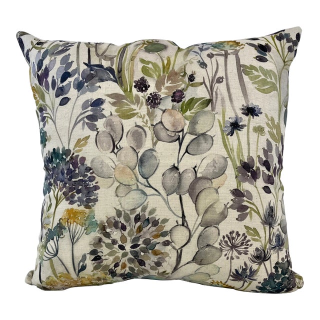20" Square Decorative Throw Pillow Decorated With a Muted Purple & Tan Water Color Look Floral Pattern - Made in the U K For Sale