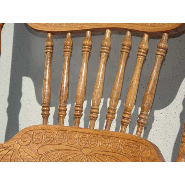 Set of Four Vintage Golden Oak Pressed Back Dining Room Chairs ~ French Country For Sale - Image 12 of 15