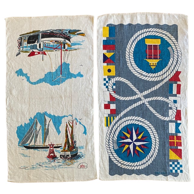 Large Midcentury Nautical Sailing Linen Tea Towels With Blue and White Motif - a Pair For Sale - Image 11 of 11