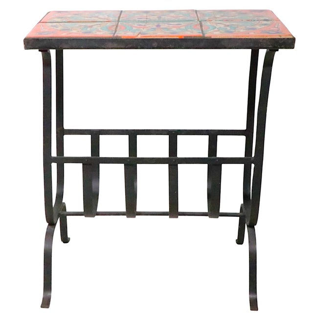 Classic vintage California style tile top, wrought iron base side, or end table. Executed in the style of Taylor, Catalina...