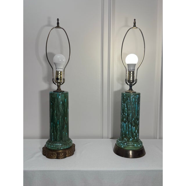Vintage Mid Century Hollywood Regency Drip Glaze Ceramic Aqua, Brass & Gold Leaf Shaded Table Lamps, a Pair For Sale - Image 12 of 18