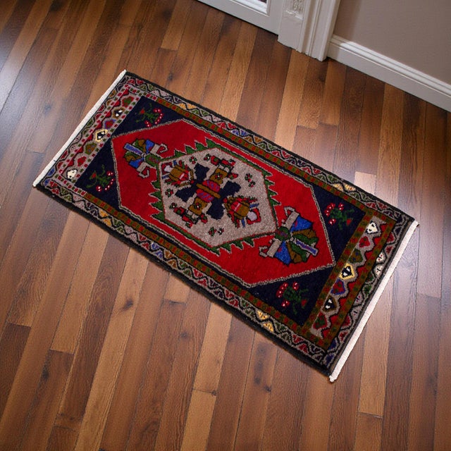 Textile Vintage Rug Hand Made Mat Small Turkish Rug Enrty Decor - 1′ 7″ × 3′ 3″ For Sale - Image 7 of 14