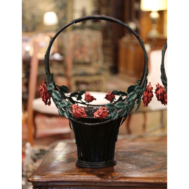 Mid 20th Century Vintage French Painted Metal Hanging Baskets With Floral and Leaf Decor - a Pair For Sale - Image 9 of 13