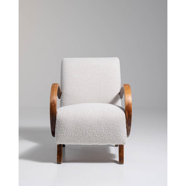 20th Century Czech Republic Warm Ivory Boucle Bentwood-Arm Lounge Chair For Sale - Image 10 of 11