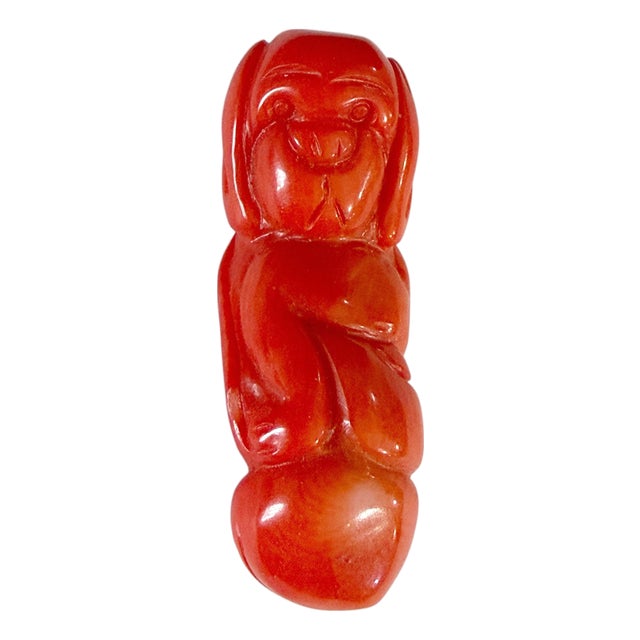 Vintage Red Coral Carved Foo Dog Statue Amulet Pendant 1.75"h For Sale