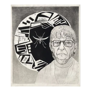 1976 Selma Bluestein Fly in Stairwell Self Portrait Etching
