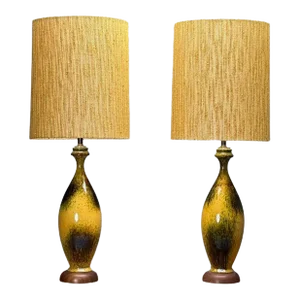American Mid-Century Modern, Large Table Lamps, Glazed Ceramic, Yellow, Fabric