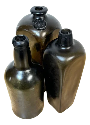 19th C. Shipwreck Olive Green Glass Liquor Bottles, Van Den Bergh & Co. et al - Set of 3