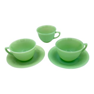 1940s Fire King Coffee Tea Cup & Saucer Jane Ray JadeIte by Anchor Hocking 5pc Set For Sale