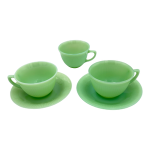 1940s Fire King Coffee Tea Cup & Saucer Jane Ray JadeIte by Anchor Hocking 5pc Set