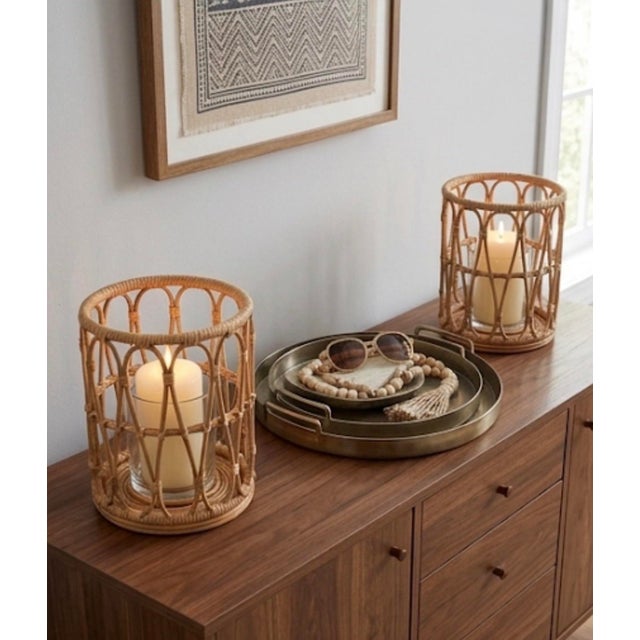 Pair of Vintage Mid-Century Boho Woven Rattan & Glass Hurricane Candle Holders For Sale - Image 12 of 12