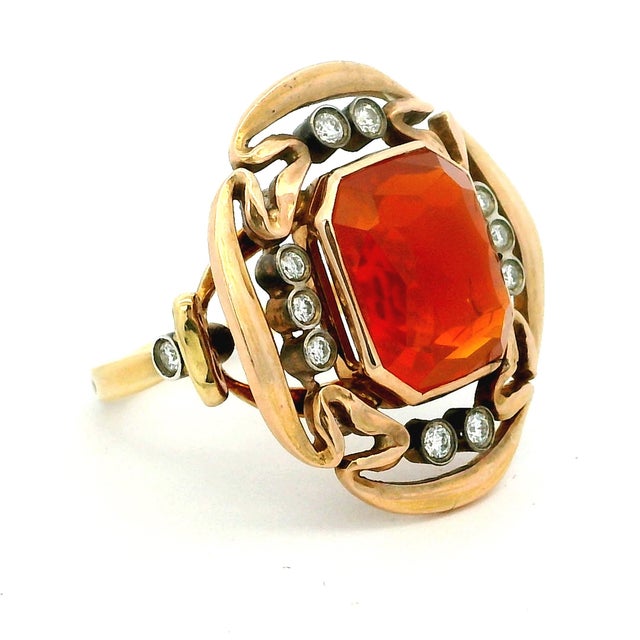 Arthur King & Ilias Lalaounis (Ark & Lj) 18k Gold Fire Opal and Diamond Ring, c.1960s, Size 6.75 For Sale - Image 15 of 17