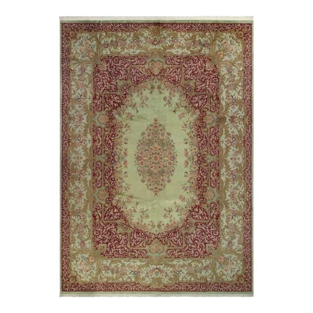 1990s Shabby Chic Aubusson Heritage Green & Red Wool Rug - 10' X 14' For Sale