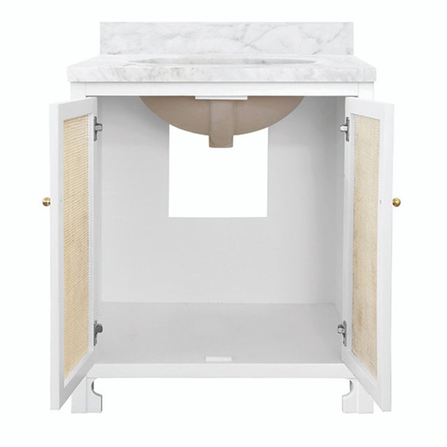 2020s Matthew Izzo Home Boyd Matte White Lacquer Single Porcelain Sink Bath Vanity, Carrara Marble Top & Backsplash With 2 Caned Doors and Brass Knobs For Sale - Image 5 of 7