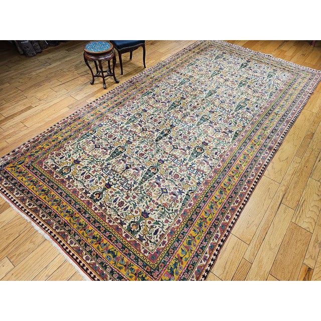 Early 20th Century Antique Indian Agra Rug, Hand-Knotted Wool, Tree of Life Design, Ivory & Yellow, 8x15 For Sale - Image 5 of 15