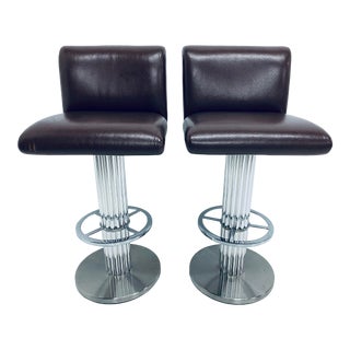 Designs for Leisure Faux Brown Leather and Fur Bar Stools, 1970s - a Pair For Sale
