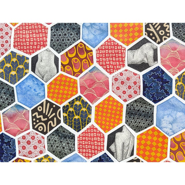 Tina Ruyi "The Quilt" Abstract Colorful Geometric Pattern with Nude Figures Watercolor, 2023 For Sale - Image 9 of 10