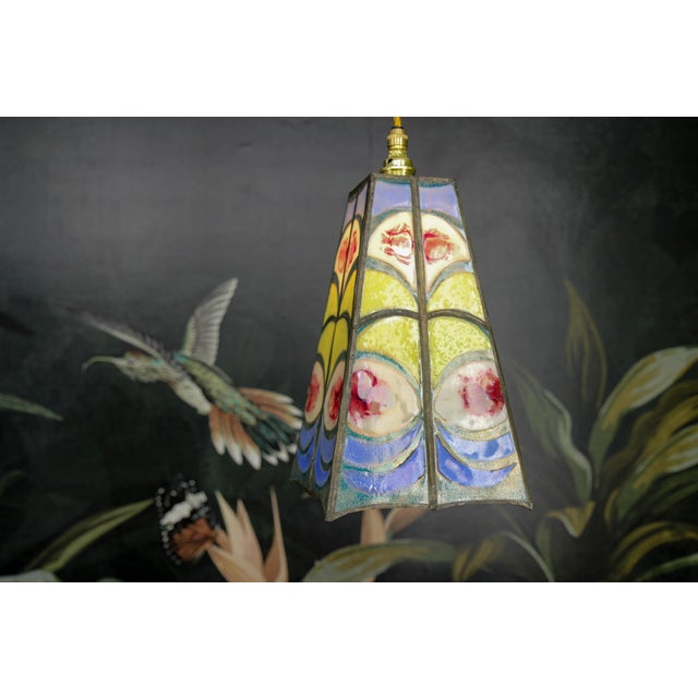 Metal Mid-Century Blue, Yellow and Red Stained Glass Pendant Light, 1970s For Sale - Image 7 of 18