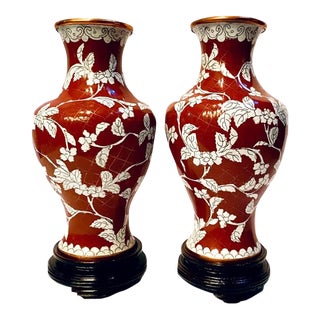 Early 20th Century Chinese Republic Period Oxblood Enamel Copper Wire Cloisonné Vases With Stands- Set of 2 For Sale