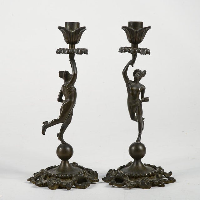 Bronze candlestick pair set depicting Prometheus Measures 11 x H 23 Antique style Dimensions: height 23 cm diameter 11 cm...