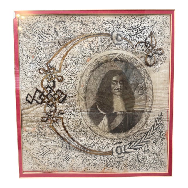 Rare Antique 17th Century Calligraphic Bust Portrait of Charles II of England For Sale