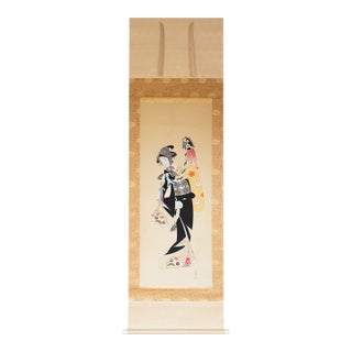 "Beauty With a Puppet" by Getsudo, Showa Era Japanese Silk Scroll Painting For Sale