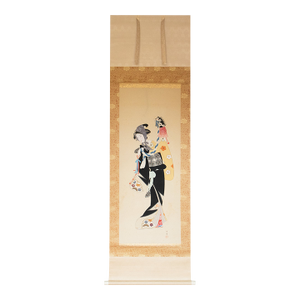 "Beauty With a Puppet" by Getsudo, Showa Era Japanese Silk Scroll Painting